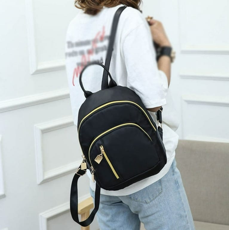 Mini Nylon Backpack with Vertical Zipper - Black