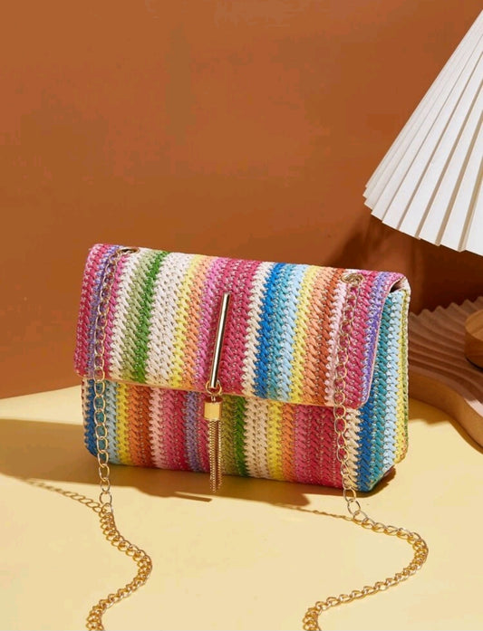 Metal Tassel Stripes Pattern Crossbody Bag