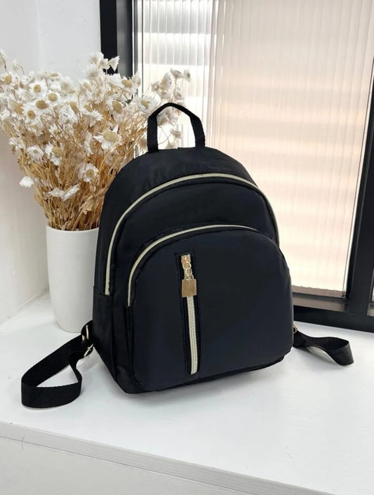 Mini Nylon Backpack with Vertical Zipper - Black